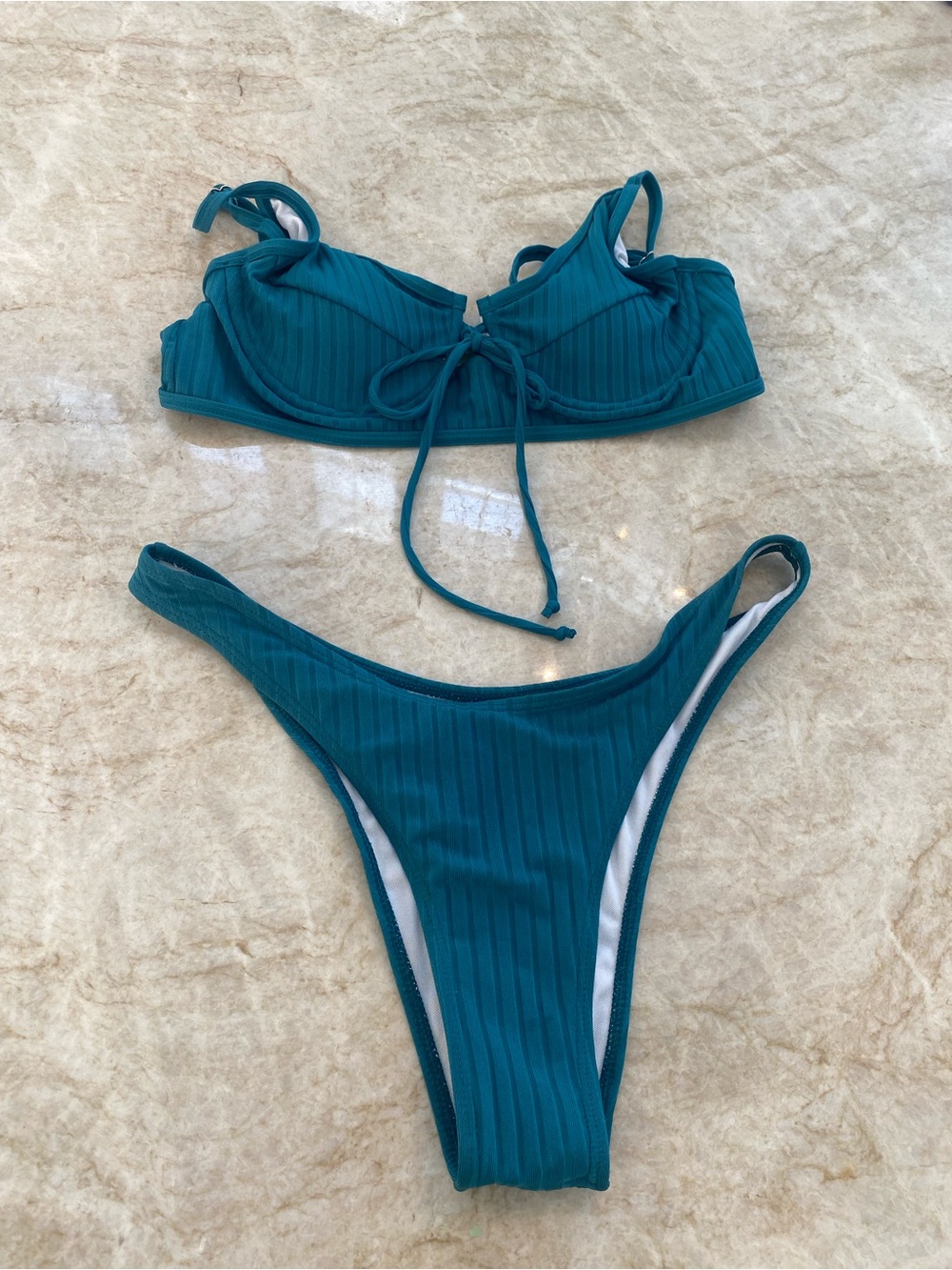 Teal Ribbed Underwire Bikini Set - Women Swim